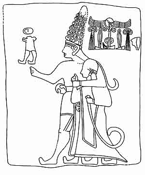 Umzeichnung eines hethitischen Königsreliefs: eine Gestalt mit Krummstab neben luwischen Hieroglyphen