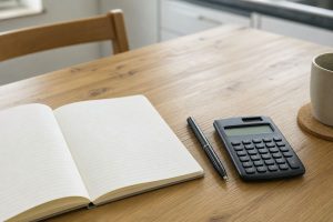 Notizbuch, Taschenrechner und Stift auf einem Kuechentisch