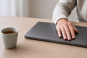 Hand auf einem zugeklappten Laptop neben einer Tasse Tee