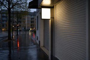 Leere Stadtstrasse in der Daemmerung mit geschlossenem Ladenlokal
